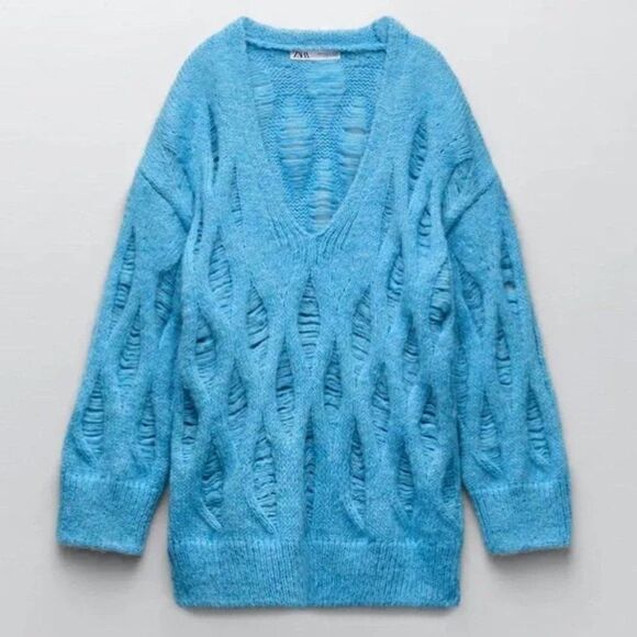 ZARA Ripped Longline Blue Sweater New - Picture 1 of 6